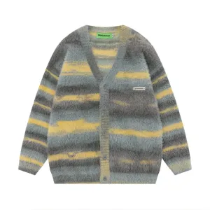 Aidase Autumn and Winter Striped Plush Thickened Men's Cardigan V-neck Fashionable Casual Loose Sweater Couple Streetwear Loose Knit