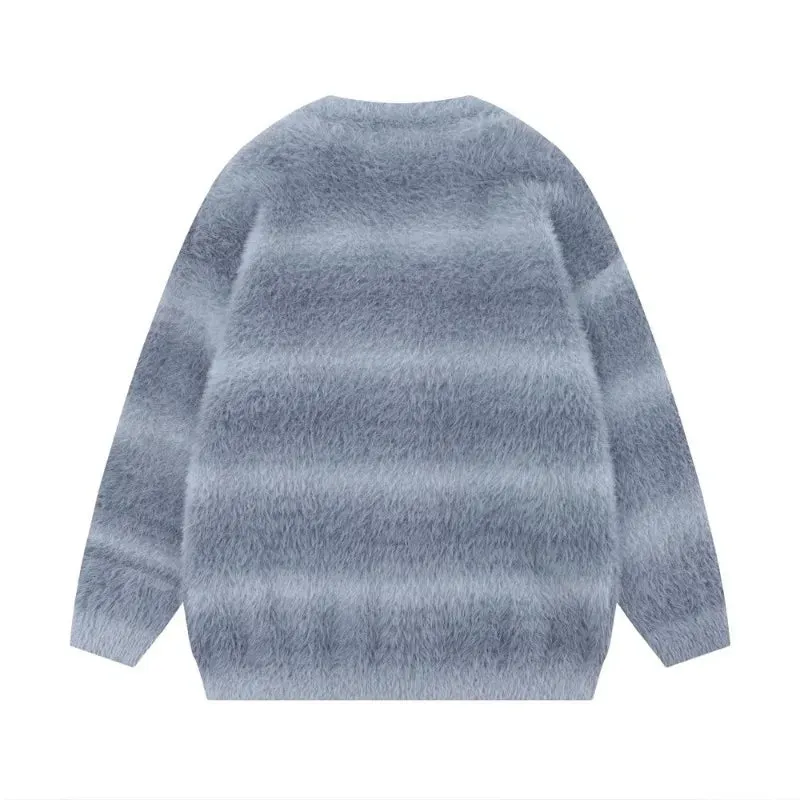 Aidase Autumn and Winter Striped Plush Thickened Men's Cardigan V-neck Fashionable Casual Loose Sweater Couple Streetwear Loose Knit