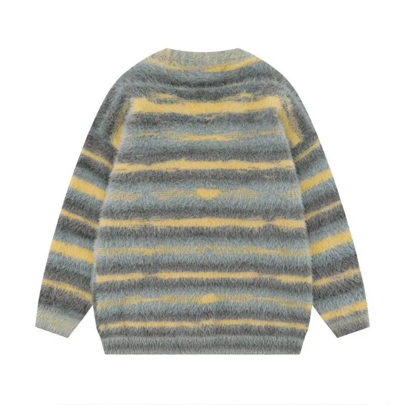 Aidase Autumn and Winter Striped Plush Thickened Men's Cardigan V-neck Fashionable Casual Loose Sweater Couple Streetwear Loose Knit