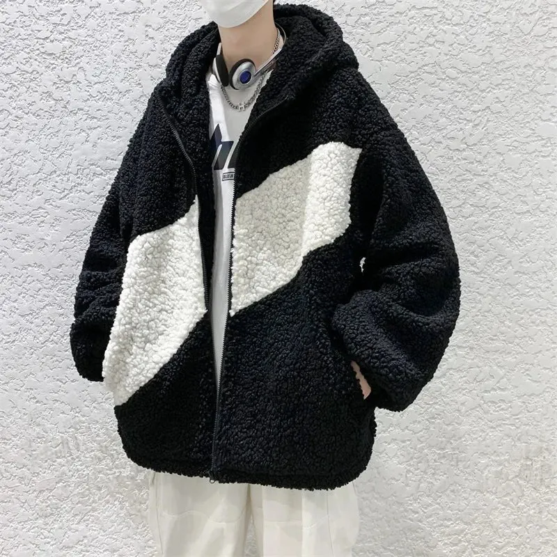 Aidase Autumn Winter Lamb Wool Jacket Trendy Brand Hip Hop Thickened Hooded Padded Jacket Hong Kong Style Loose Fit Korean Version
