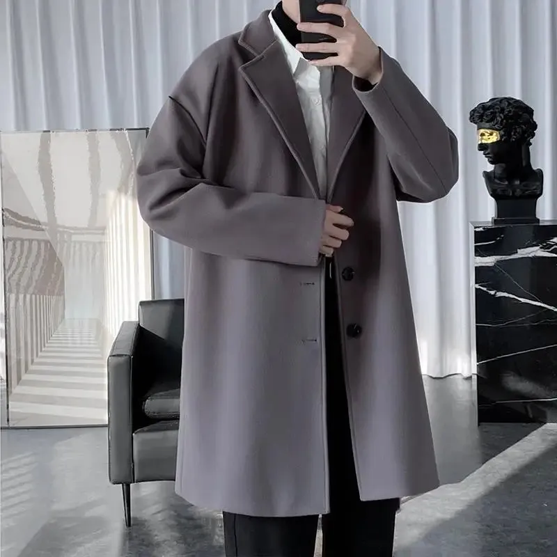 Aidase Autumn Winter Long Style New Korean Trend Woolen Men's Clothing Jackets Fabric British Slim Fit Woolen Fabric Thickened Y2K Tops