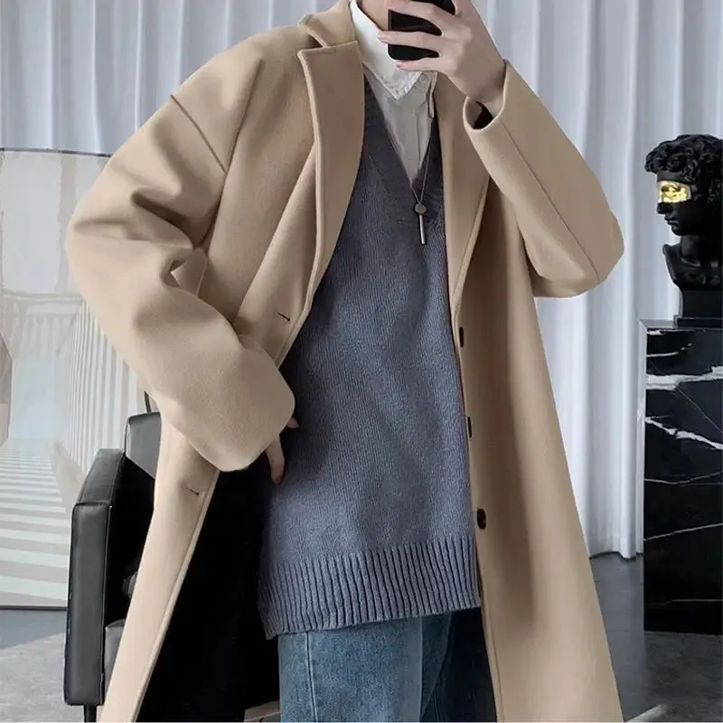 Aidase Autumn Winter Long Style New Korean Trend Woolen Men's Clothing Jackets Fabric British Slim Fit Woolen Fabric Thickened Y2K Tops