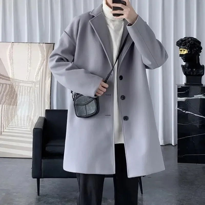 Aidase Autumn Winter Long Style New Korean Trend Woolen Men's Clothing Jackets Fabric British Slim Fit Woolen Fabric Thickened Y2K Tops