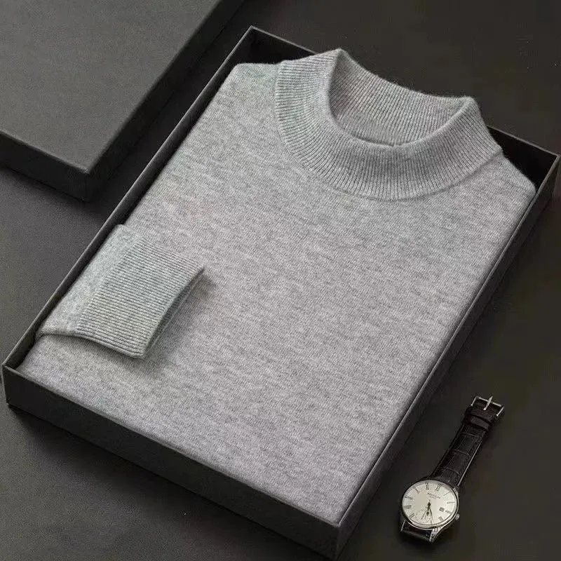 Aidase mens outfits Autumn and Winter Fashion Simple Half High Neck Thickened Warm Solid Color Knit Sweater with Cashmere Men's Bottom Sweater