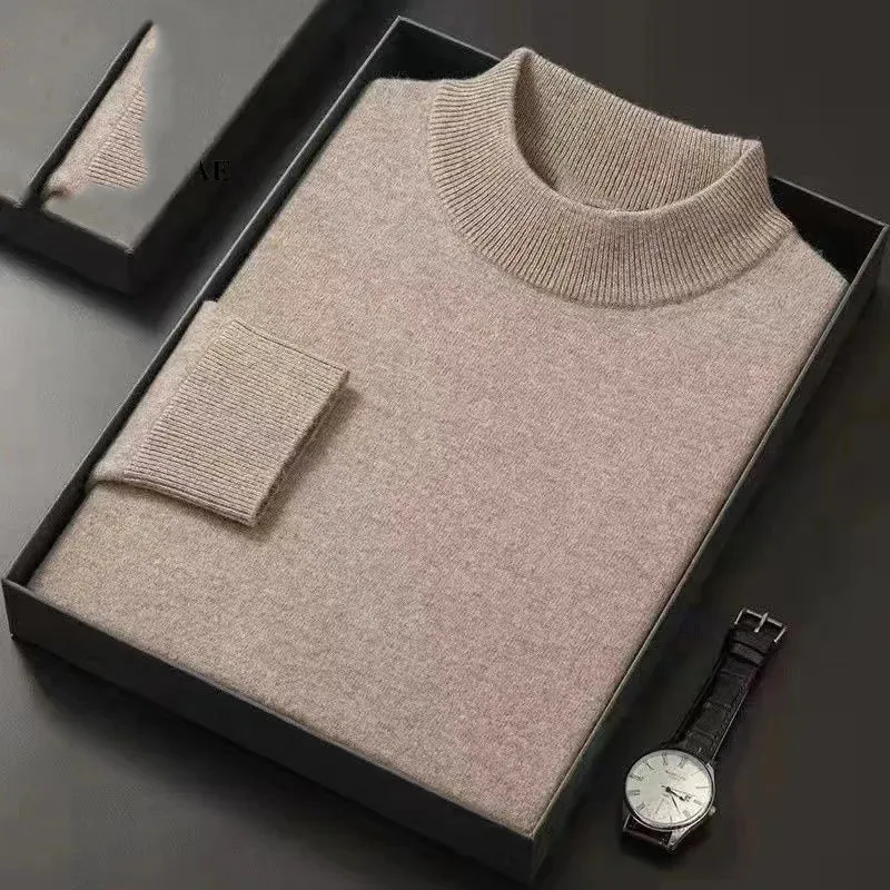 Aidase mens outfits Autumn and Winter Fashion Simple Half High Neck Thickened Warm Solid Color Knit Sweater with Cashmere Men's Bottom Sweater