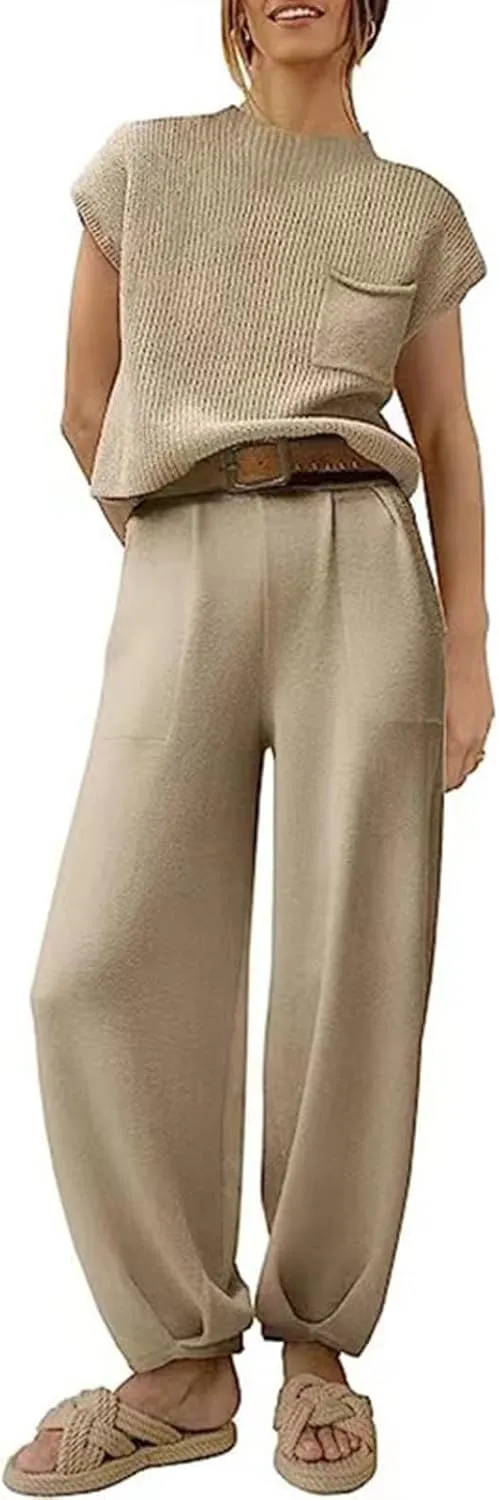 aihihe 2 Pieces Lounge Sets for Women Casual Outfits Sleeveless Mock Neck Ribbed Knit Tops   Pocketed Baggy Jogger Pant Sets