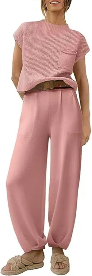 aihihe 2 Pieces Lounge Sets for Women Casual Outfits Sleeveless Mock Neck Ribbed Knit Tops   Pocketed Baggy Jogger Pant Sets