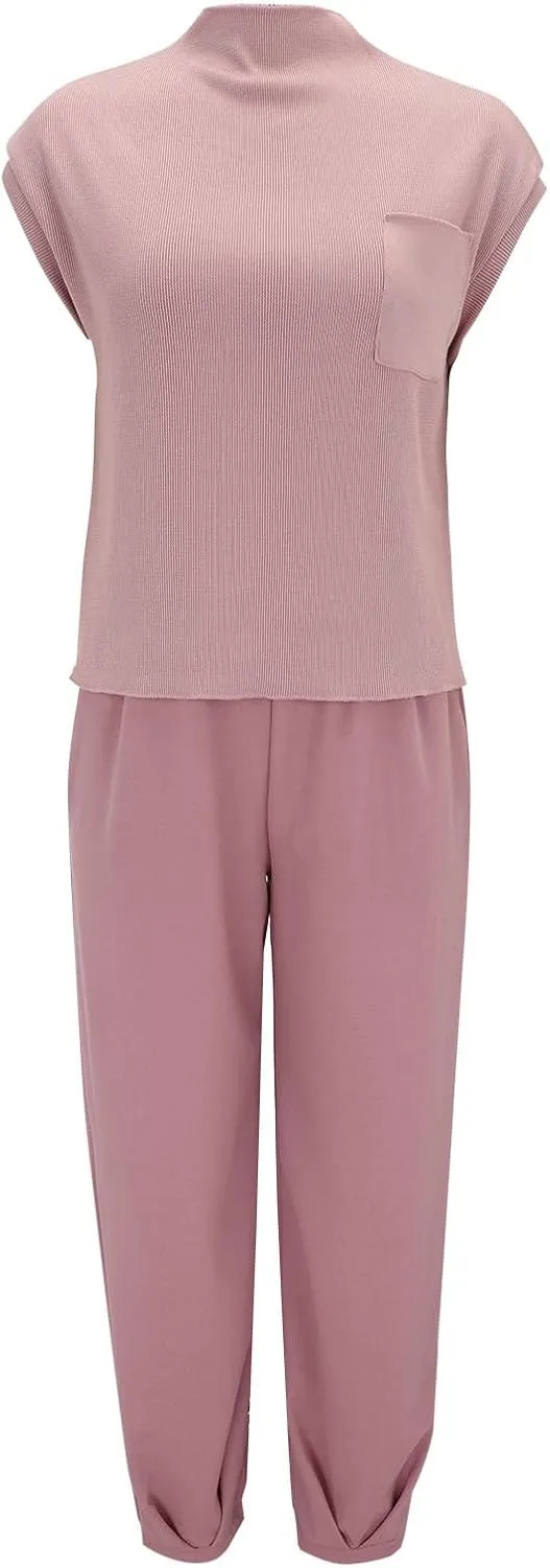 aihihe 2 Pieces Lounge Sets for Women Casual Outfits Sleeveless Mock Neck Ribbed Knit Tops   Pocketed Baggy Jogger Pant Sets