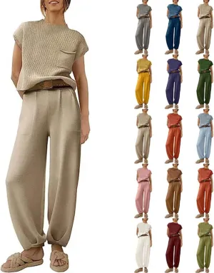 aihihe 2 Pieces Lounge Sets for Women Casual Outfits Sleeveless Mock Neck Ribbed Knit Tops   Pocketed Baggy Jogger Pant Sets