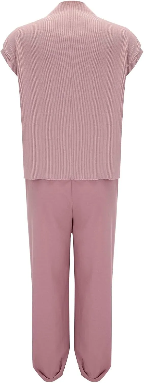 aihihe 2 Pieces Lounge Sets for Women Casual Outfits Sleeveless Mock Neck Ribbed Knit Tops   Pocketed Baggy Jogger Pant Sets
