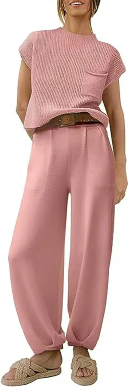 aihihe 2 Pieces Lounge Sets for Women Casual Outfits Sleeveless Mock Neck Ribbed Knit Tops   Pocketed Baggy Jogger Pant Sets