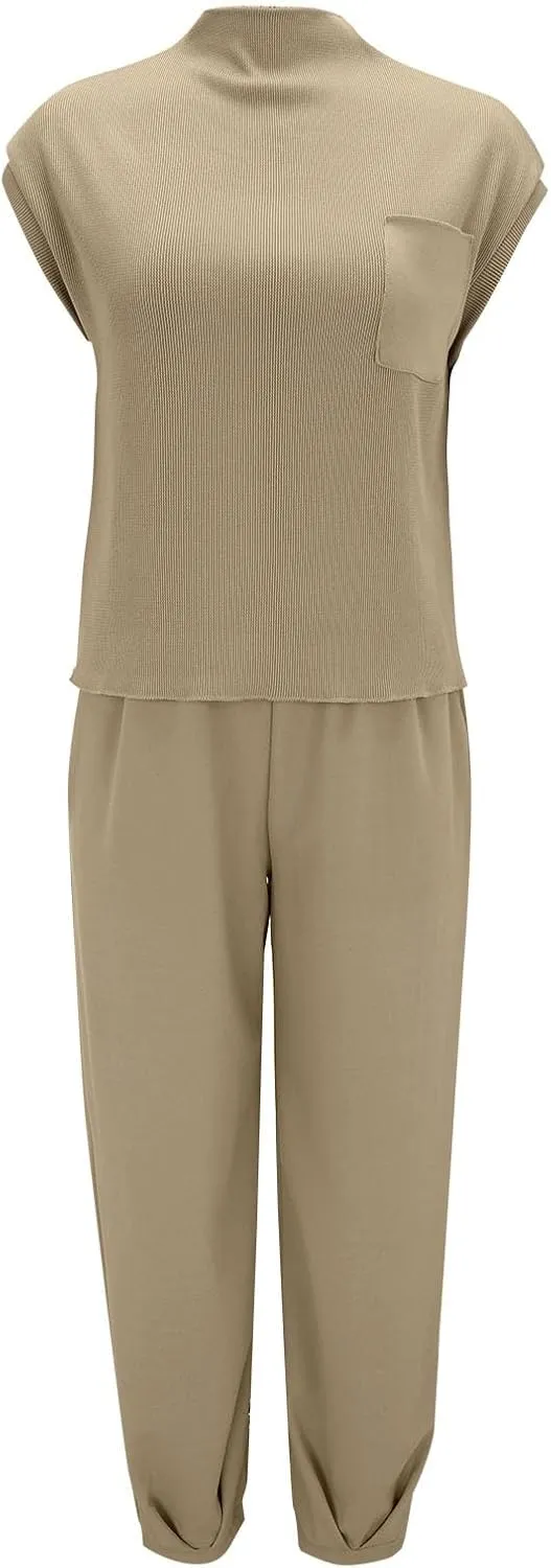 aihihe 2 Pieces Lounge Sets for Women Casual Outfits Sleeveless Mock Neck Ribbed Knit Tops   Pocketed Baggy Jogger Pant Sets
