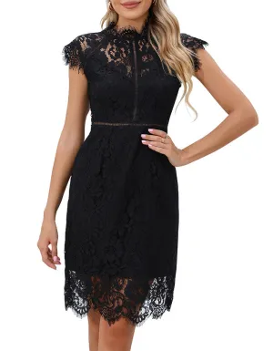 ALLOVIN Women's Sleeveless V-Back Floral Lace Cocktail Party Dress Elegant Knee Length Wedding Guest Dress Black