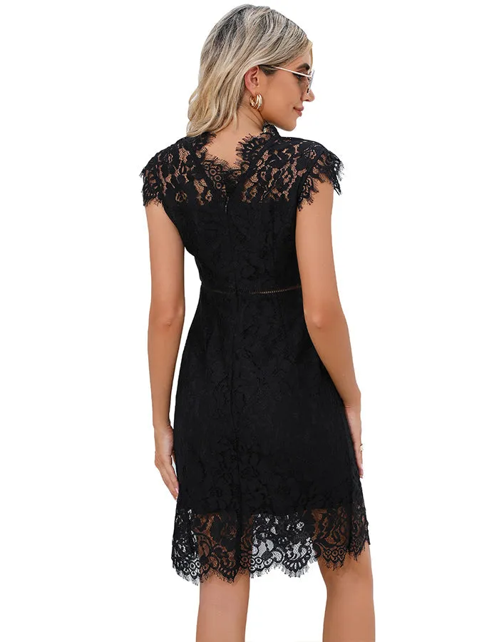 ALLOVIN Women's Sleeveless V-Back Floral Lace Cocktail Party Dress Elegant Knee Length Wedding Guest Dress Black