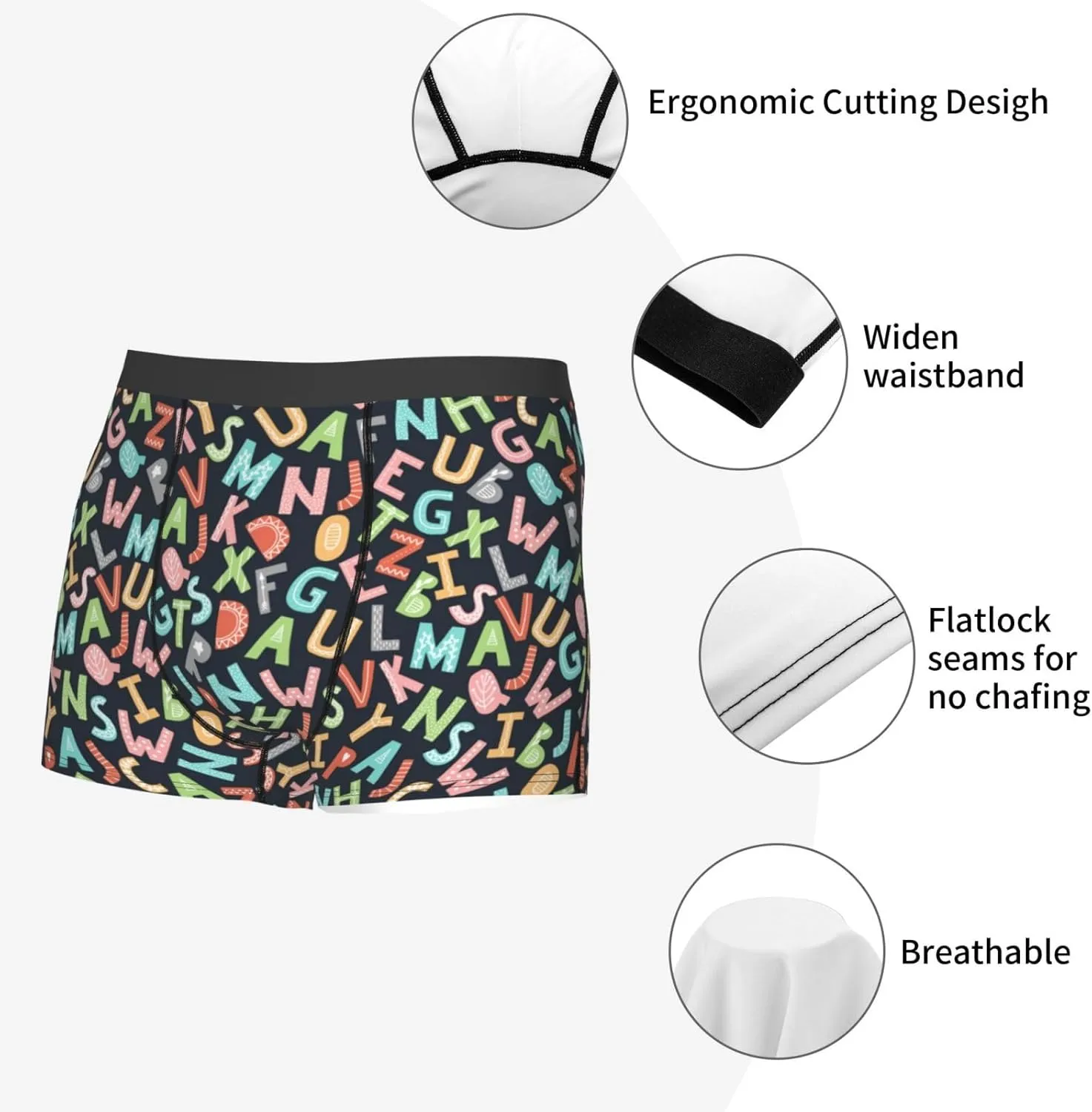 Alphabet Print Boxer Briefs For Men Breathable Underwear-