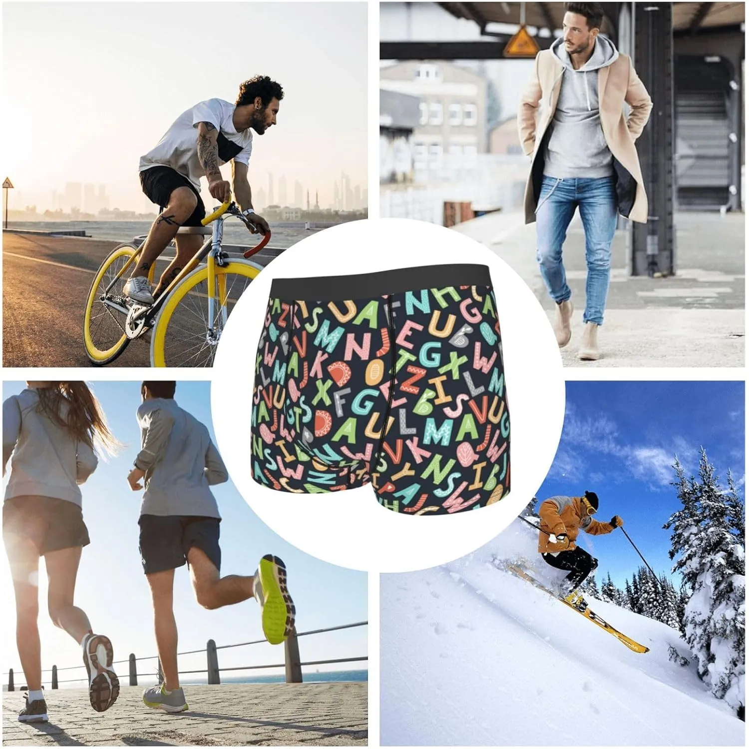Alphabet Print Boxer Briefs For Men Breathable Underwear-