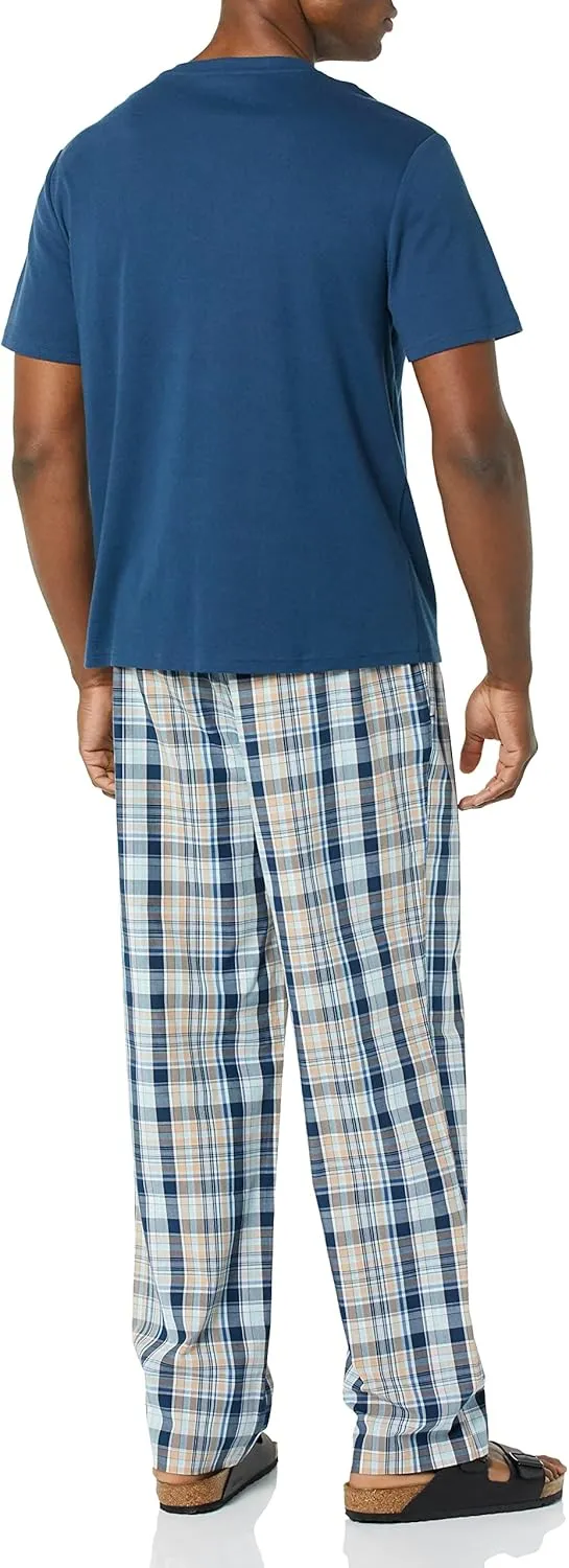 Amazon Essentials Men's Cotton Poplin Pant with Cotton Jersey T-Shirt Pajama Set