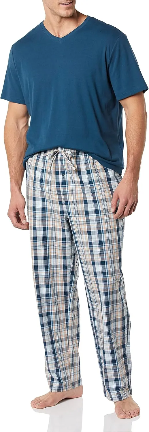 Amazon Essentials Men's Cotton Poplin Pant with Cotton Jersey T-Shirt Pajama Set