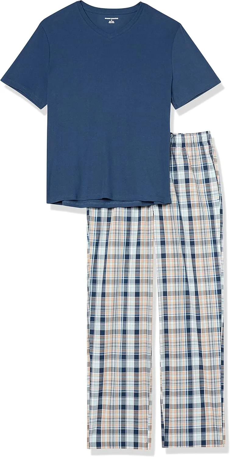 Amazon Essentials Men's Cotton Poplin Pant with Cotton Jersey T-Shirt Pajama Set