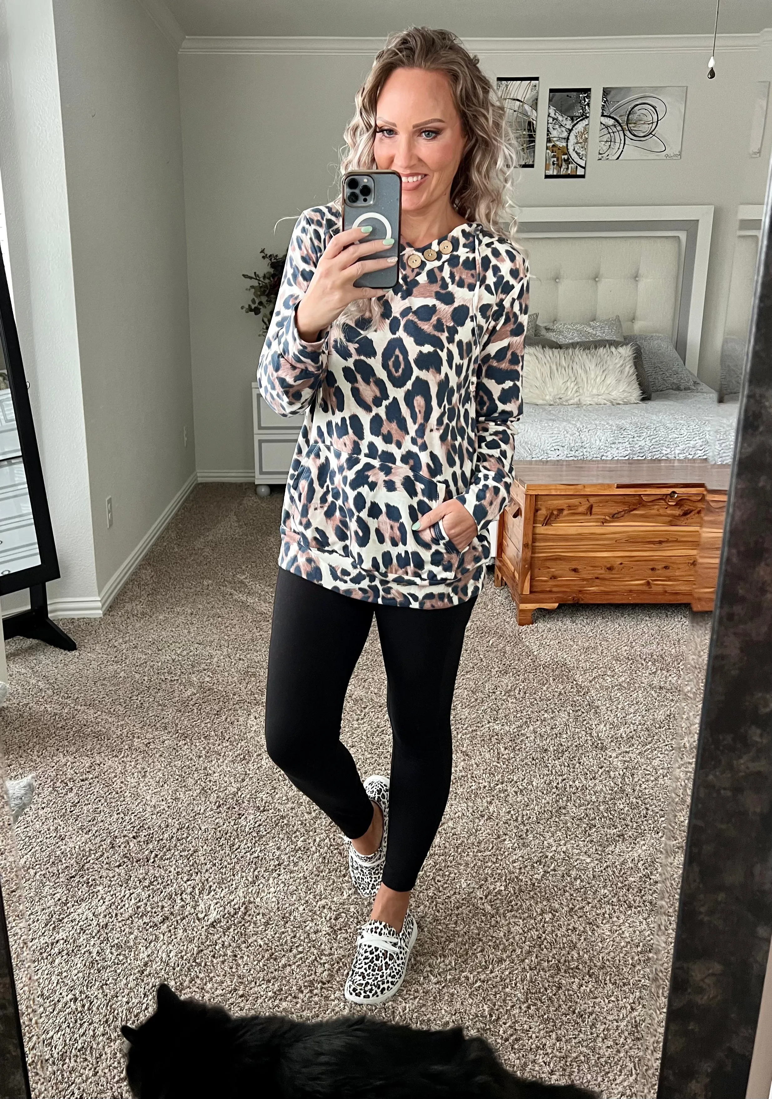 Annalise Cheetah Print Buttoned Drawstring Hoodie