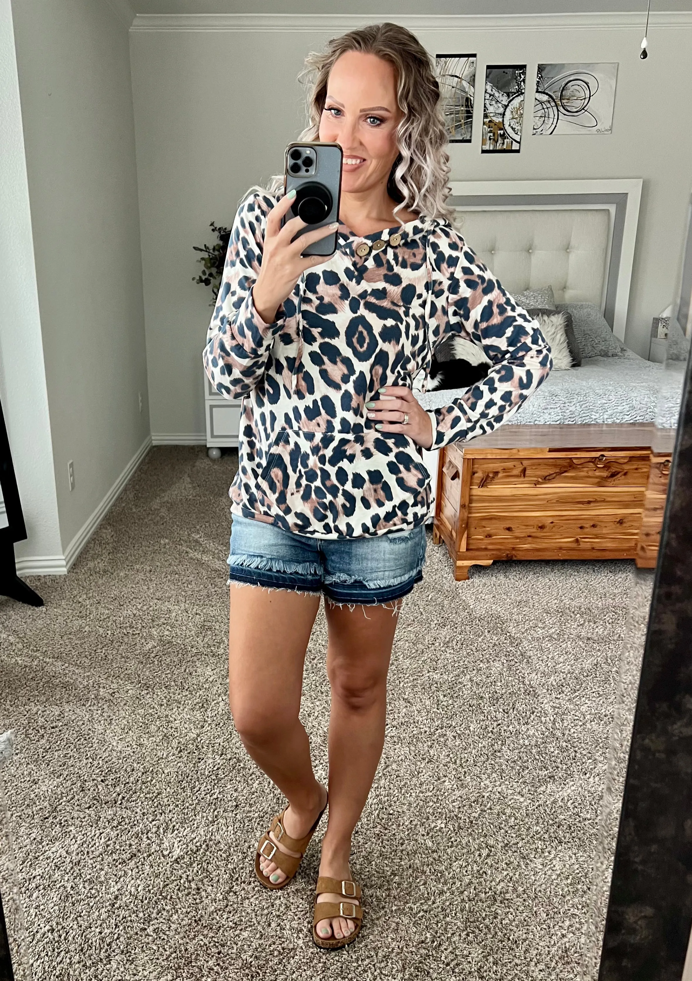Annalise Cheetah Print Buttoned Drawstring Hoodie