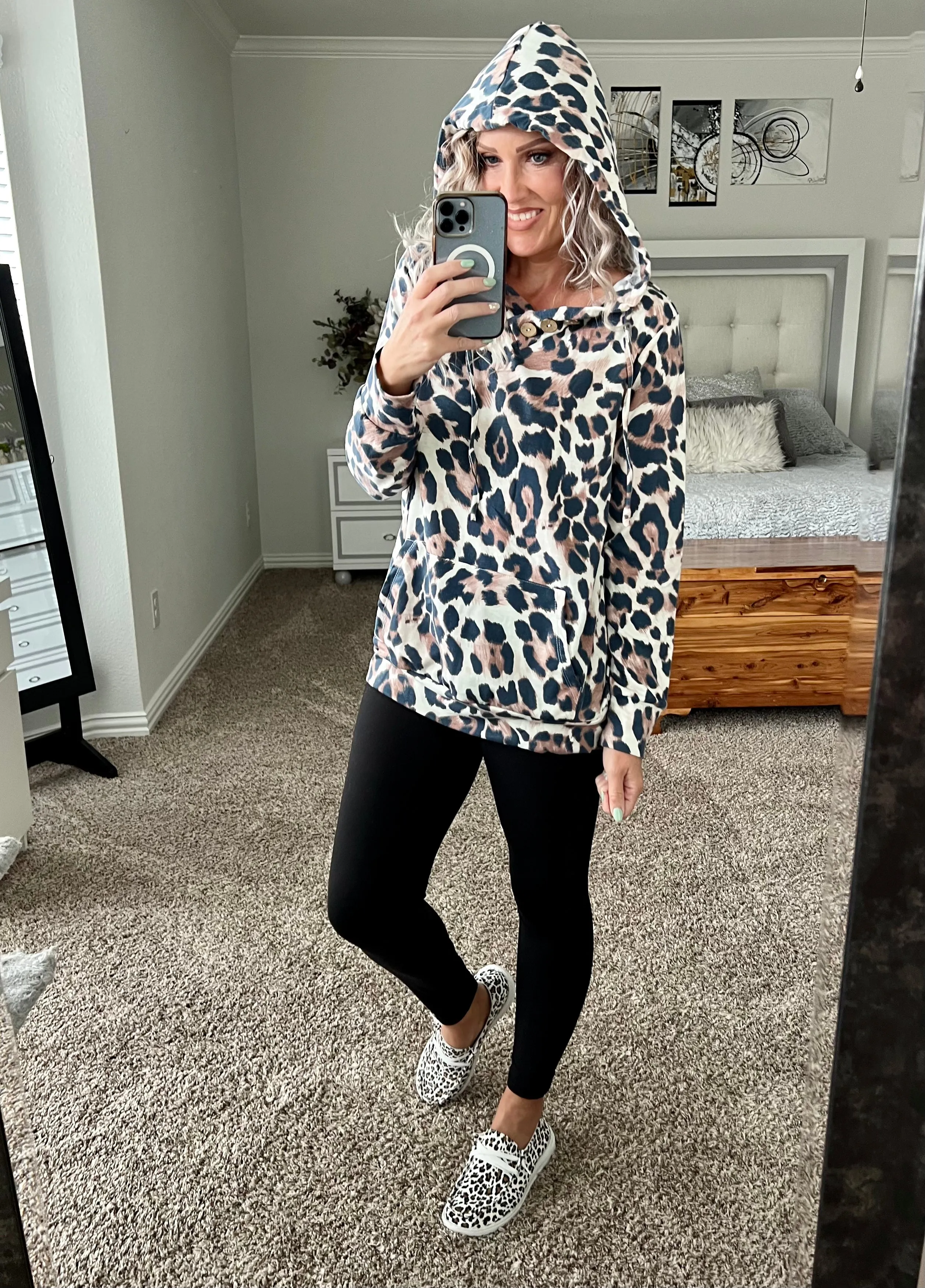 Annalise Cheetah Print Buttoned Drawstring Hoodie