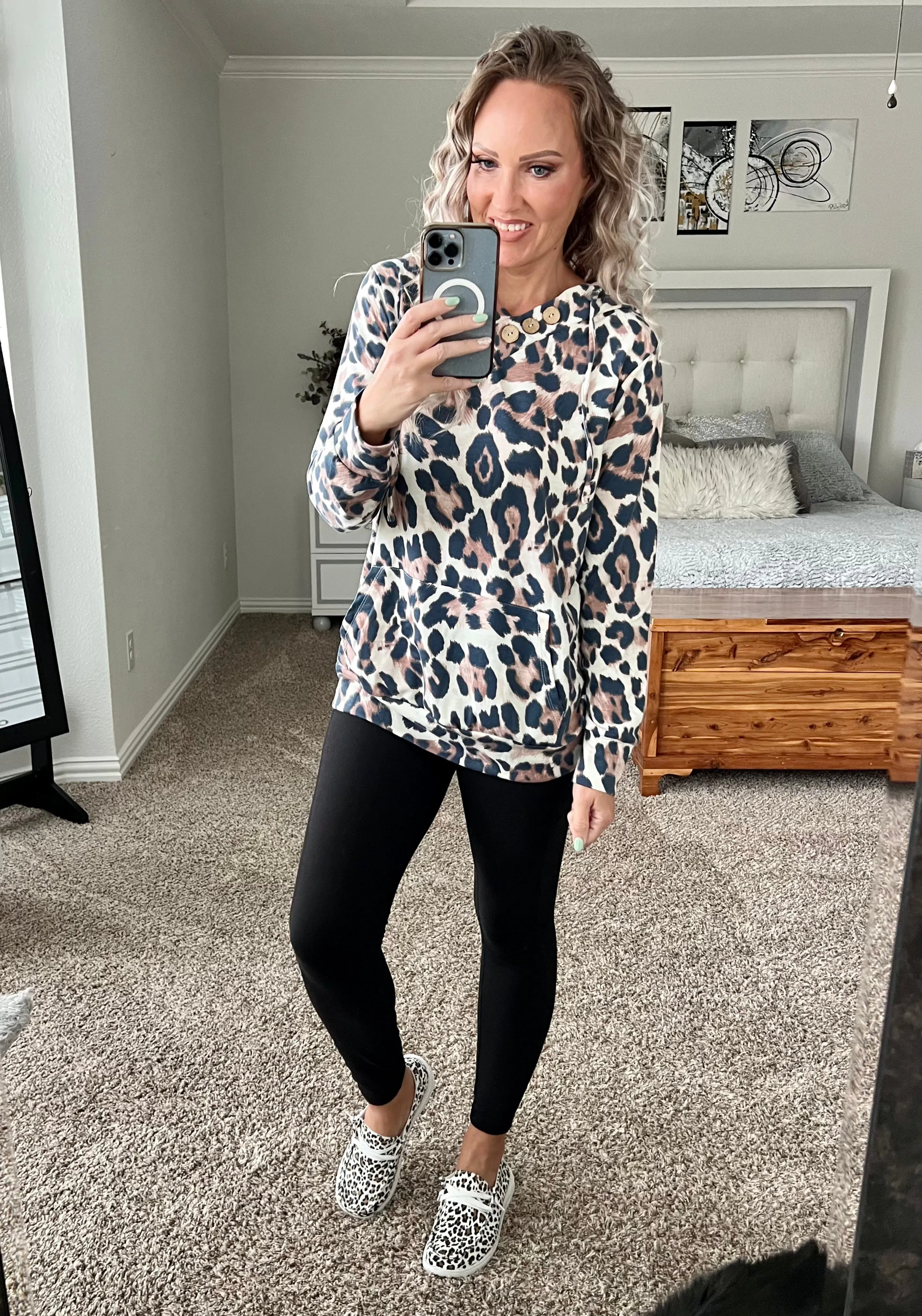 Annalise Cheetah Print Buttoned Drawstring Hoodie
