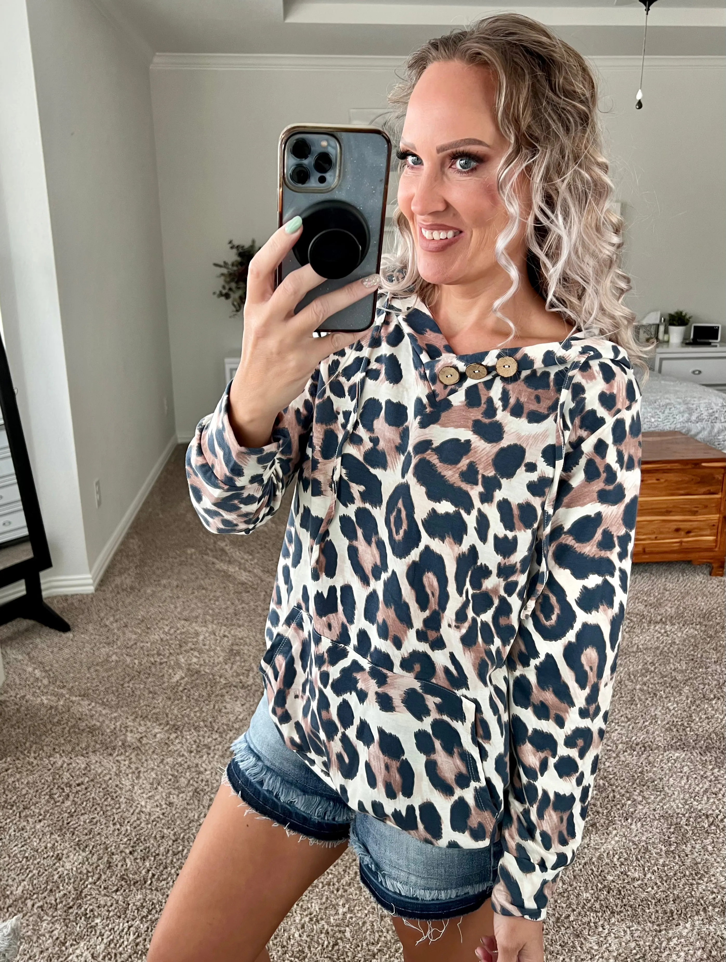Annalise Cheetah Print Buttoned Drawstring Hoodie