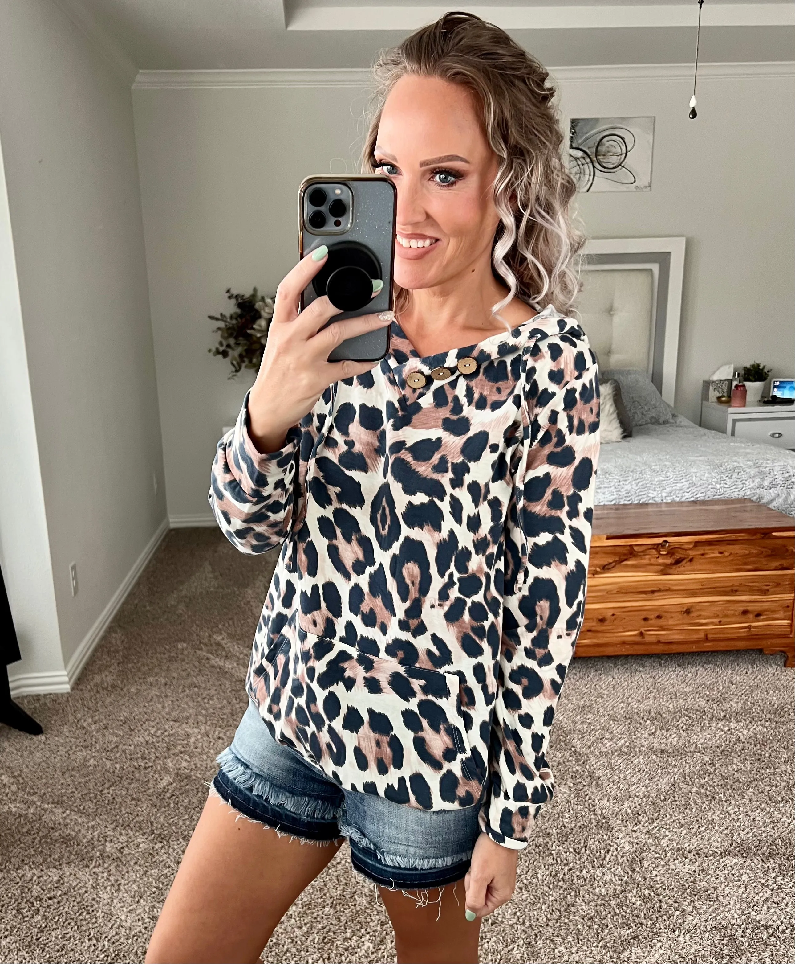 Annalise Cheetah Print Buttoned Drawstring Hoodie