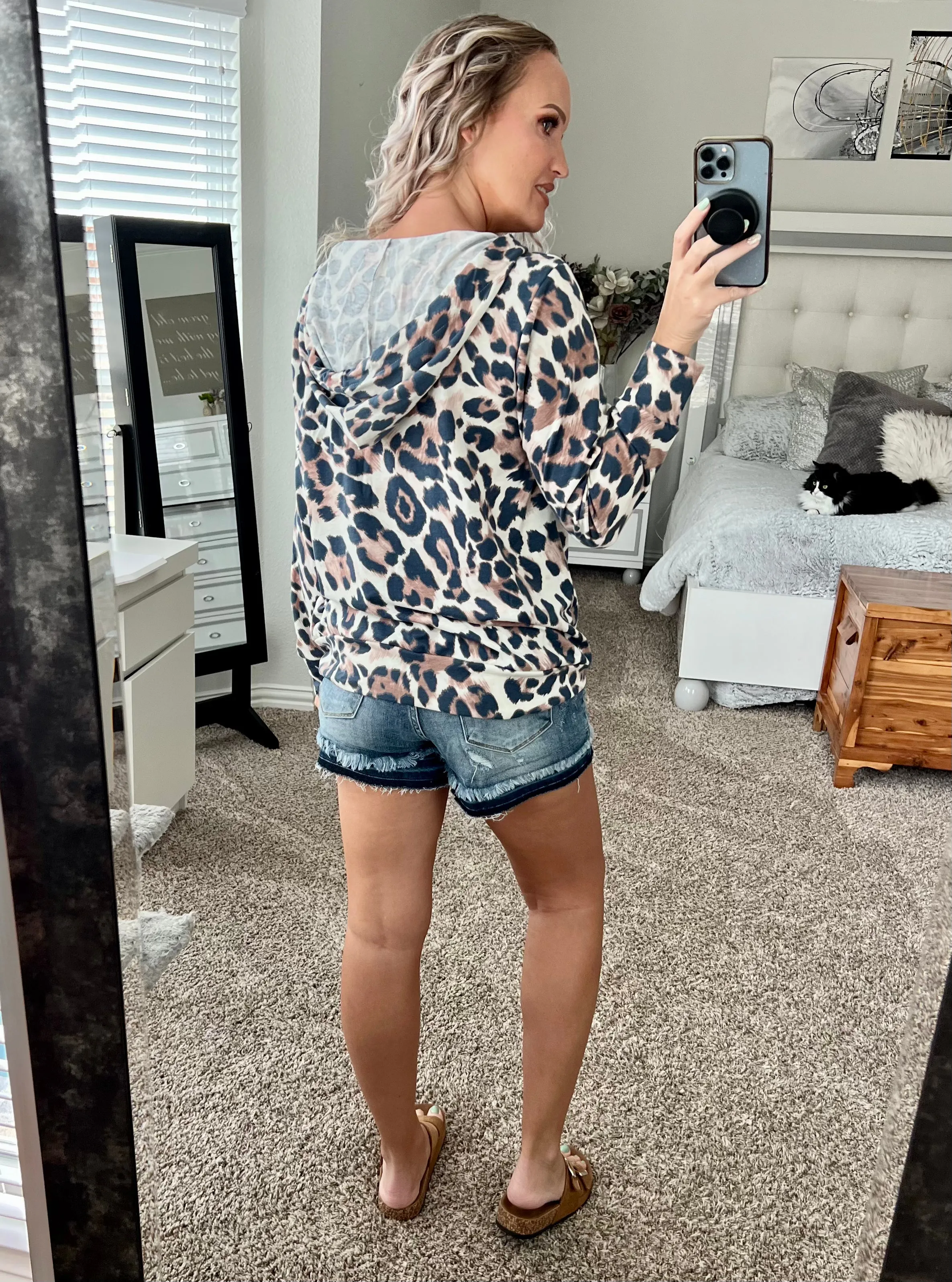 Annalise Cheetah Print Buttoned Drawstring Hoodie