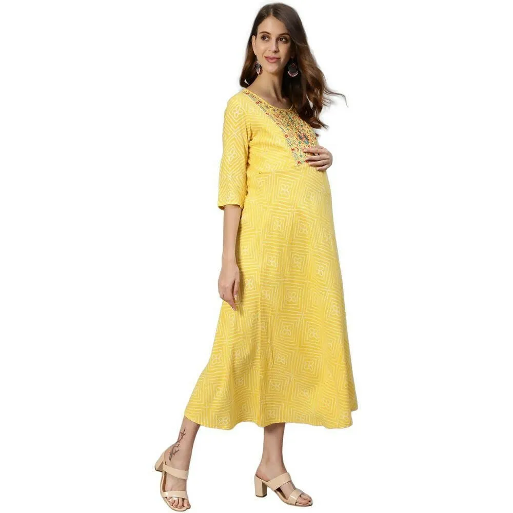 Anubhutee Women's Cotton Knee-Length Ethnic Motifs Maternity A-Line Midi Yellow Dress