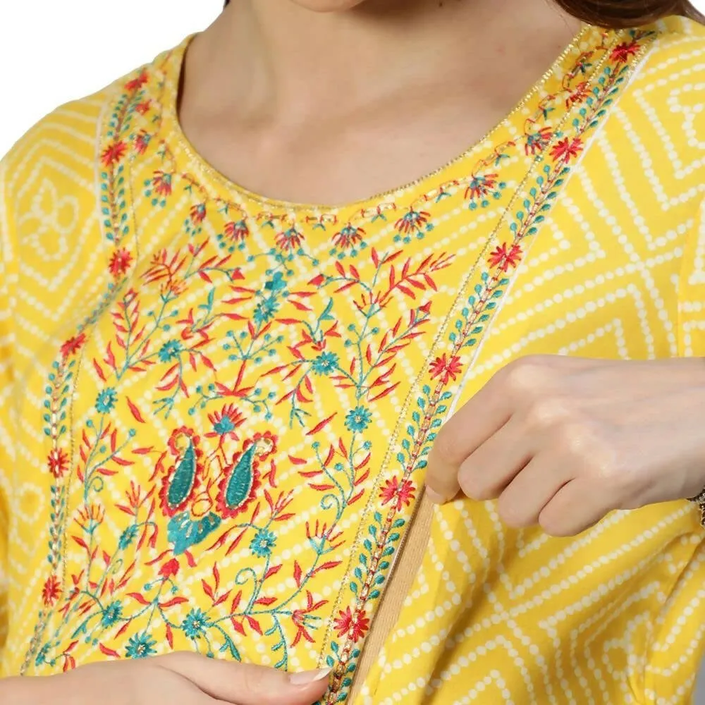 Anubhutee Women's Cotton Knee-Length Ethnic Motifs Maternity A-Line Midi Yellow Dress