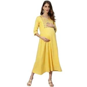 Anubhutee Women's Cotton Knee-Length Ethnic Motifs Maternity A-Line Midi Yellow Dress