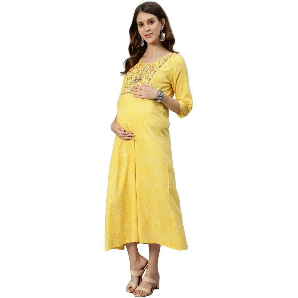 Anubhutee Women's Cotton Knee-Length Ethnic Motifs Maternity A-Line Midi Yellow Dress