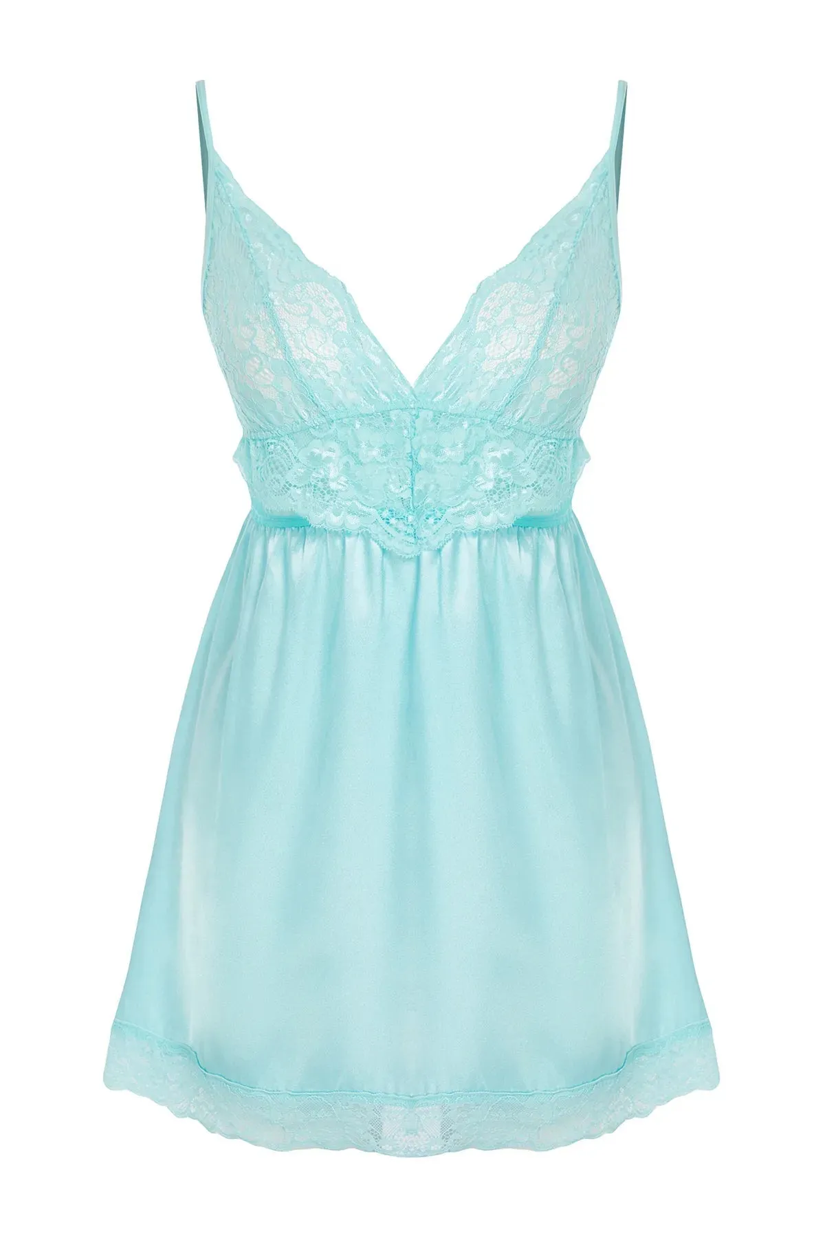 Aqua Green Satin Lace Detailed Rope Strap Knitted Babydoll