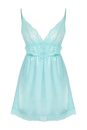 Aqua Green Satin Lace Detailed Rope Strap Knitted Babydoll