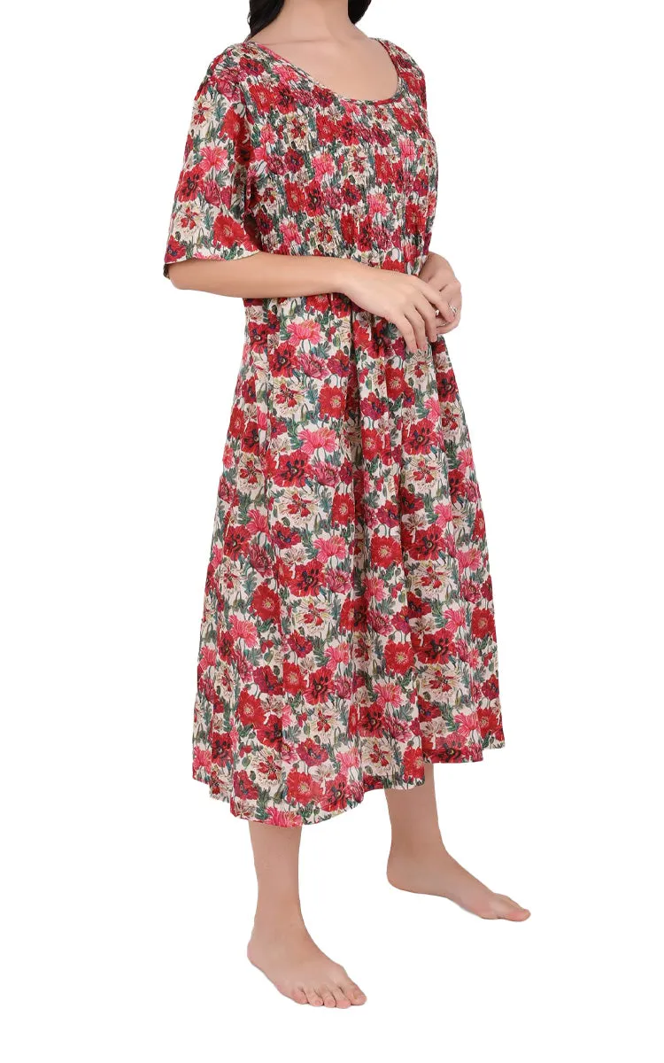 Arabella Angelina 100% Cotton Nightgown with Short Sleeve in Vibrant Red Floral MD-83F4