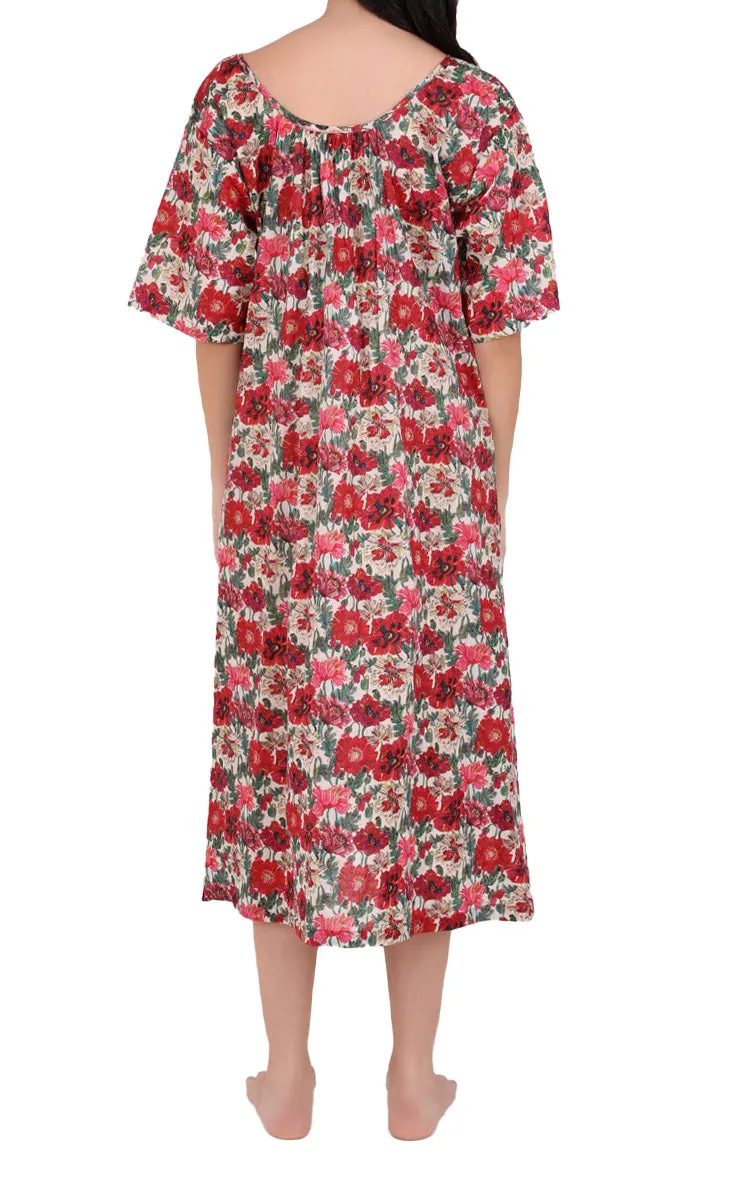 Arabella Angelina 100% Cotton Nightgown with Short Sleeve in Vibrant Red Floral MD-83F4