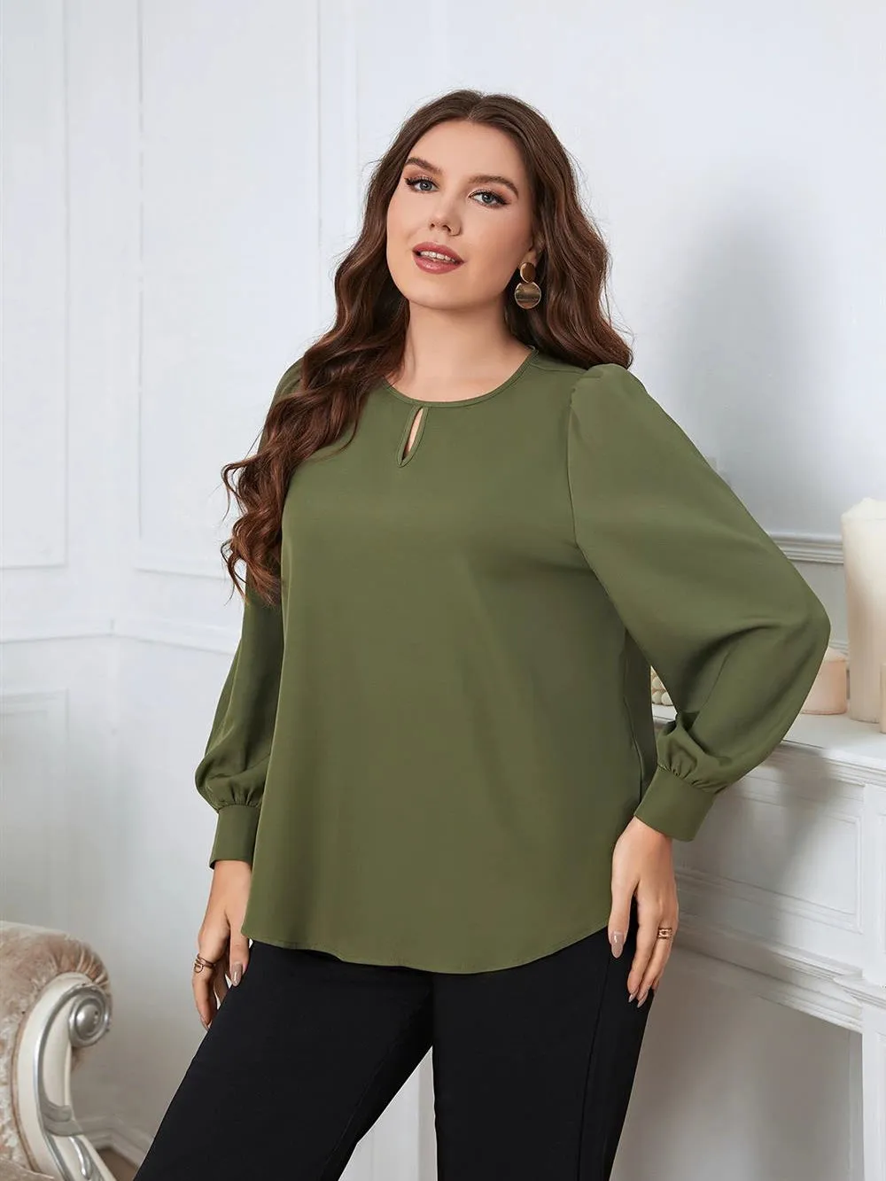 Army Green Round Neck Plus Size Long-Sleeved Blouse