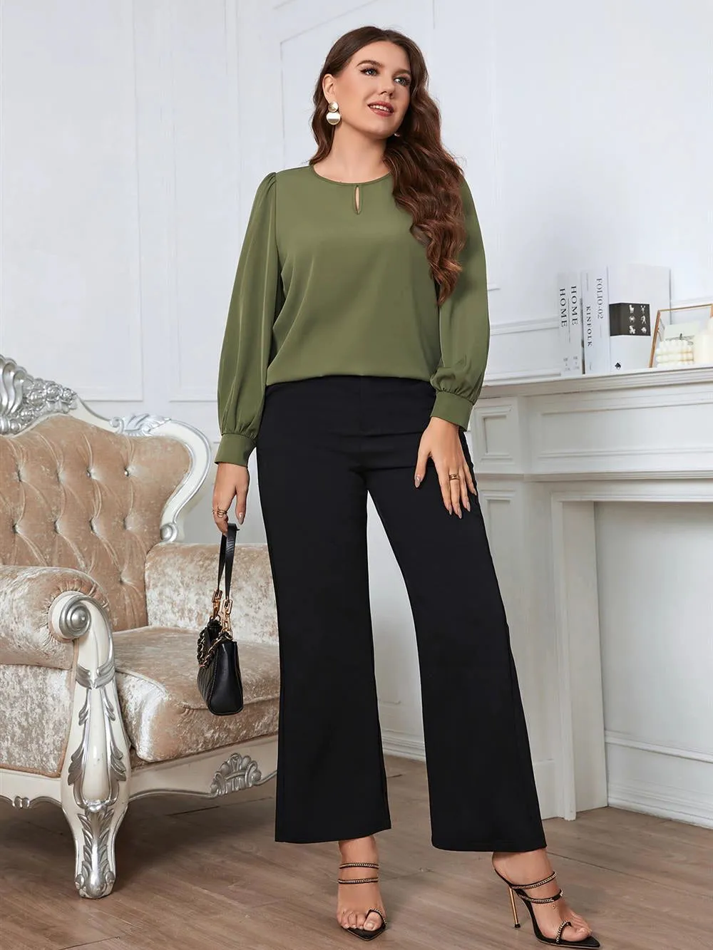 Army Green Round Neck Plus Size Long-Sleeved Blouse