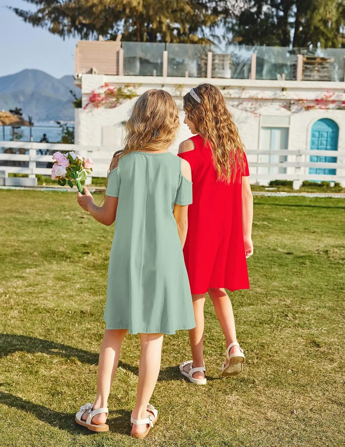 Arshiner Girls Summer Dress Short Sleeve Cold Shoulder Solid Color Swing Casual Dresses with Pockets