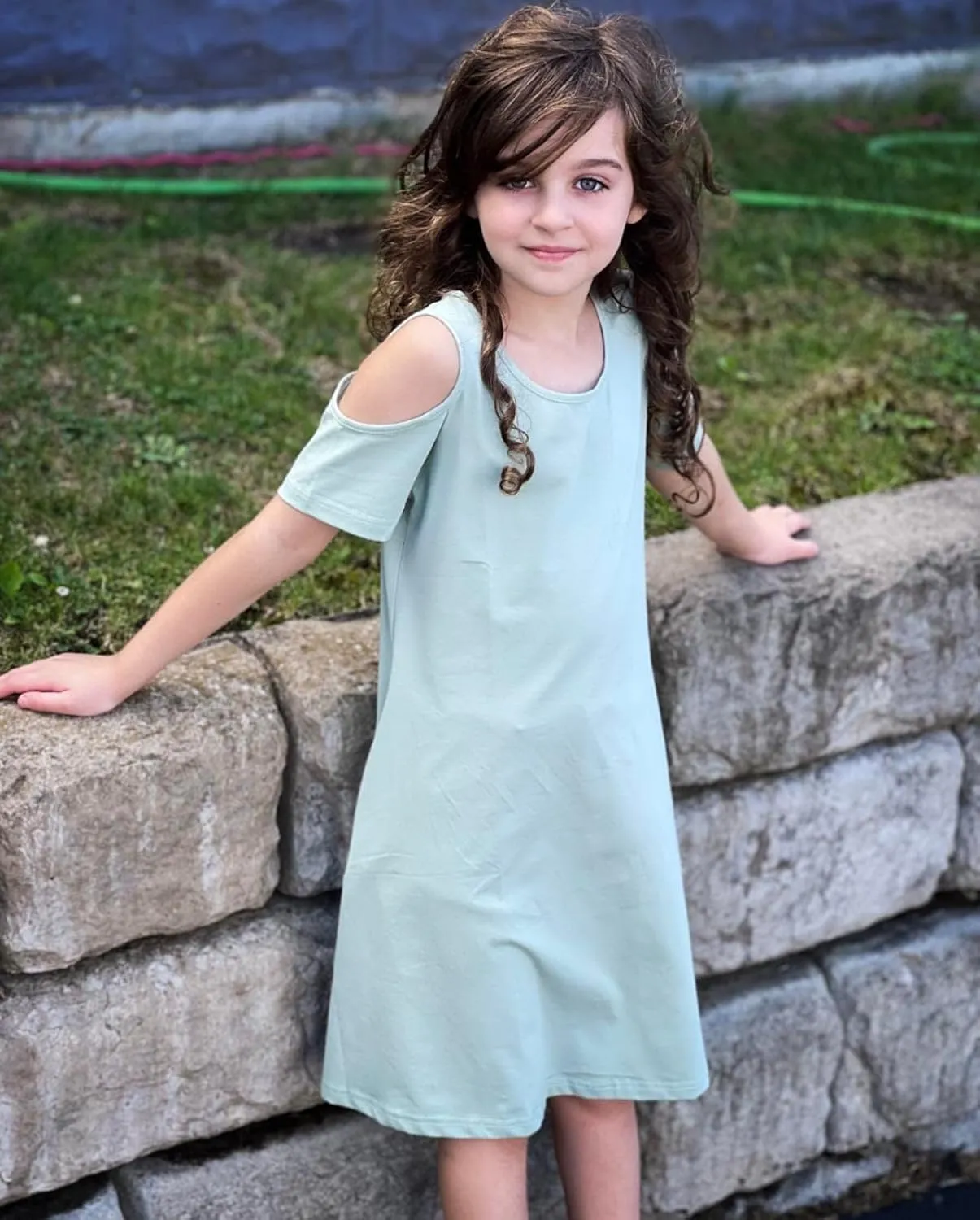 Arshiner Girls Summer Dress Short Sleeve Cold Shoulder Solid Color Swing Casual Dresses with Pockets