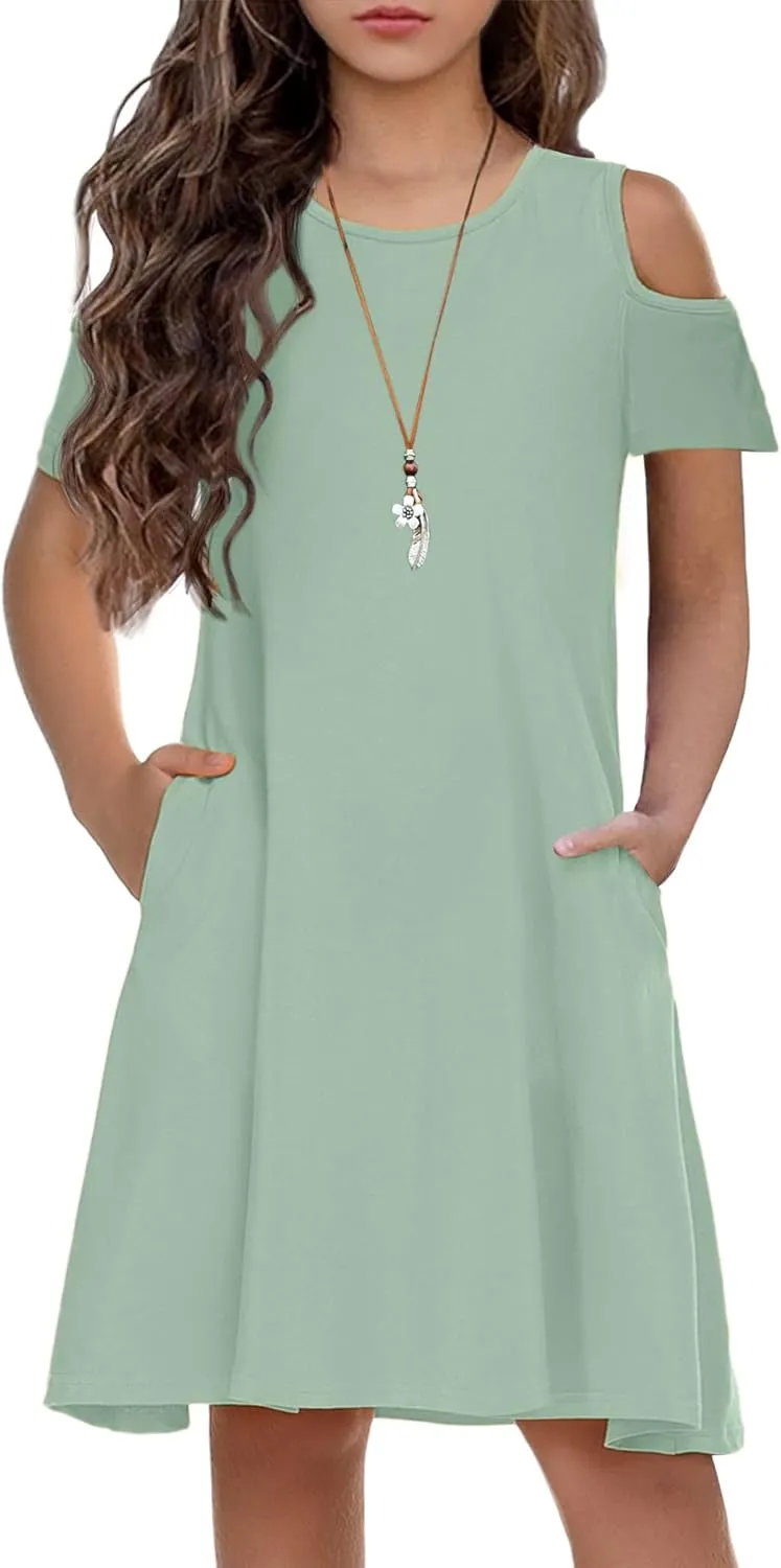 Arshiner Girls Summer Dress Short Sleeve Cold Shoulder Solid Color Swing Casual Dresses with Pockets