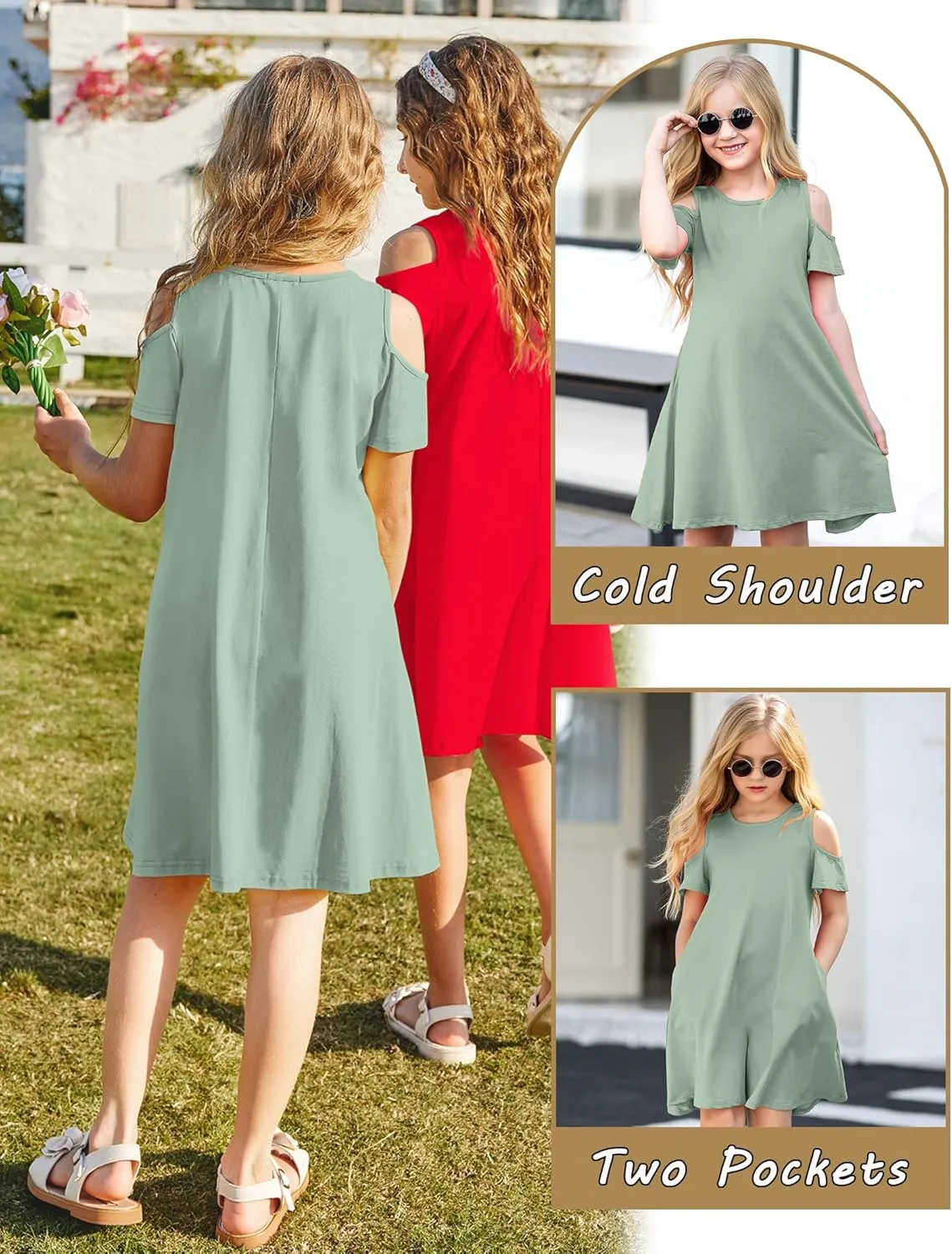 Arshiner Girls Summer Dress Short Sleeve Cold Shoulder Solid Color Swing Casual Dresses with Pockets