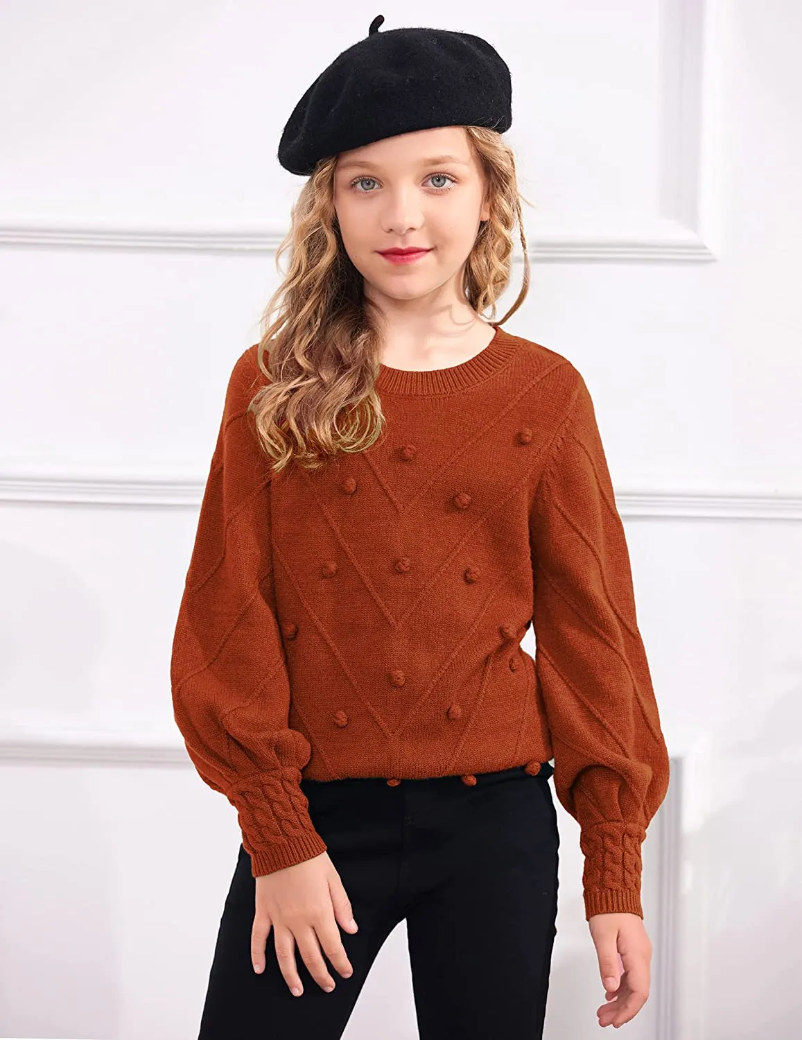 Arshiner Kid Girls Crew Neck Lantern Sleeve Sweater Jumper