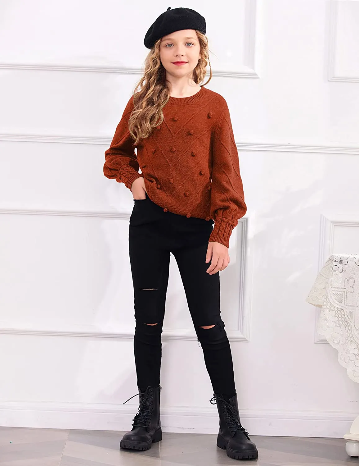 Arshiner Kid Girls Crew Neck Lantern Sleeve Sweater Jumper