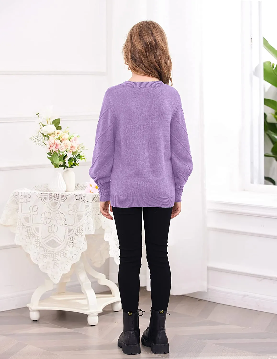 Arshiner Kid Girls Crew Neck Lantern Sleeve Sweater Jumper