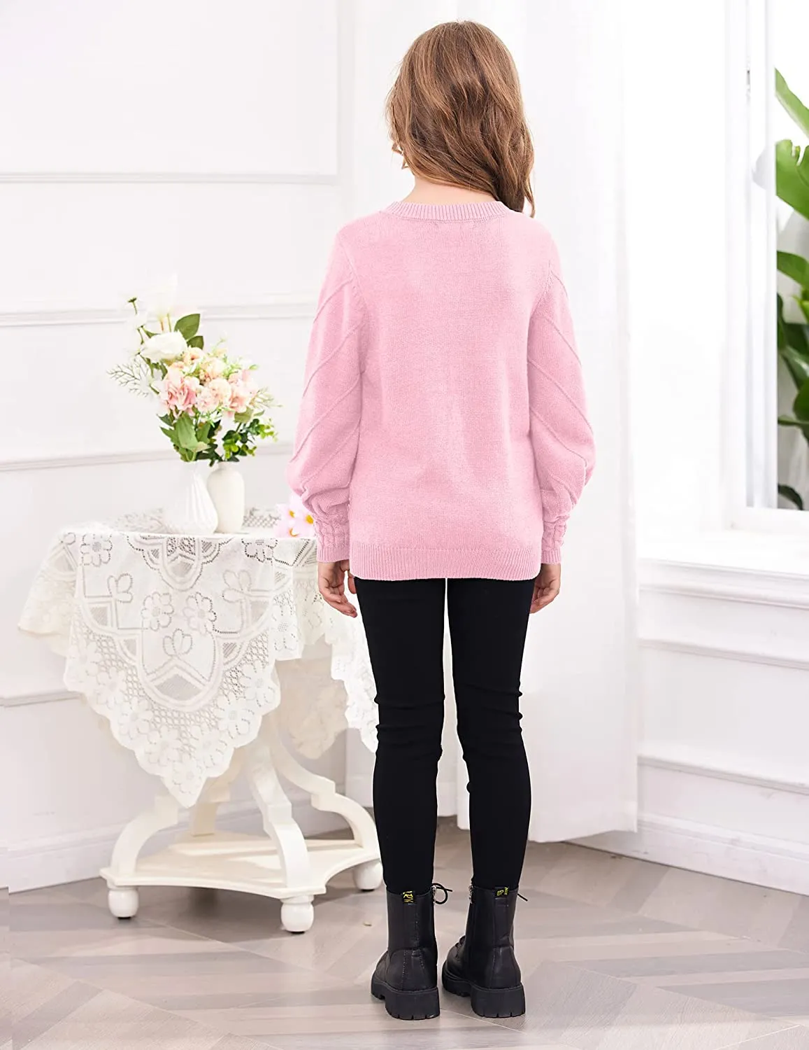 Arshiner Kid Girls Crew Neck Lantern Sleeve Sweater Jumper