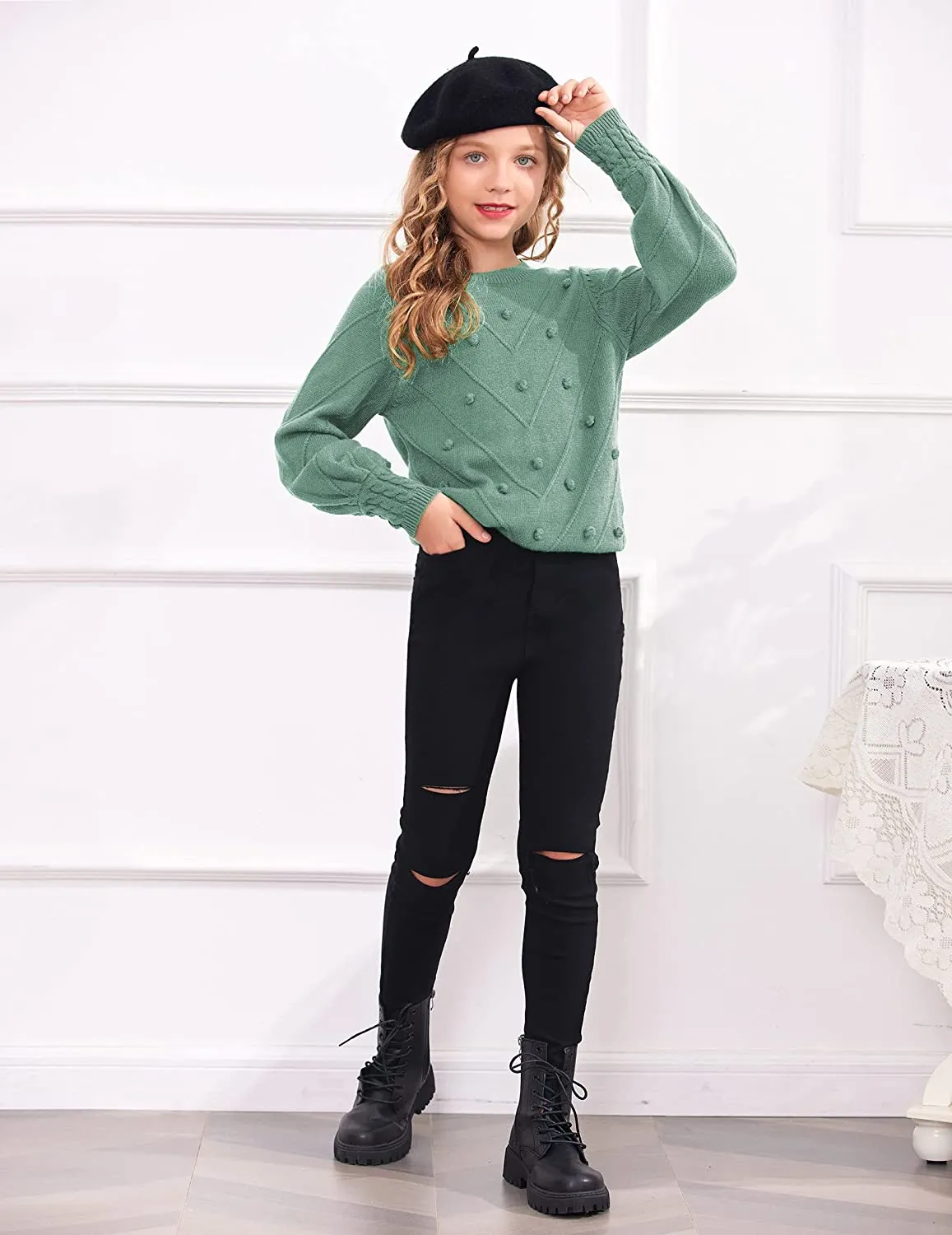 Arshiner Kid Girls Crew Neck Lantern Sleeve Sweater Jumper