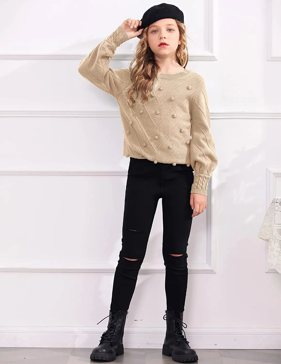 Arshiner Kid Girls Crew Neck Lantern Sleeve Sweater Jumper
